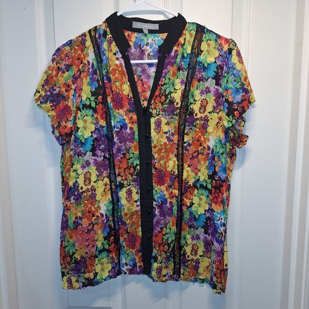 NY Collection Floral Sheer Blouse Small Multicolor